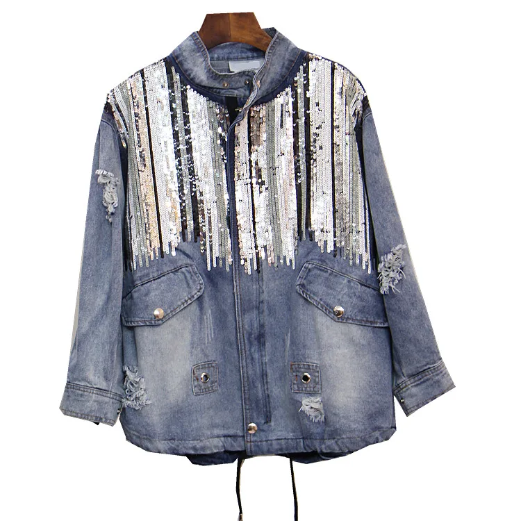 

PEILING DRAGON Good quality Denim jacket Lovers' tops Frayed Hole Sequins coat w099