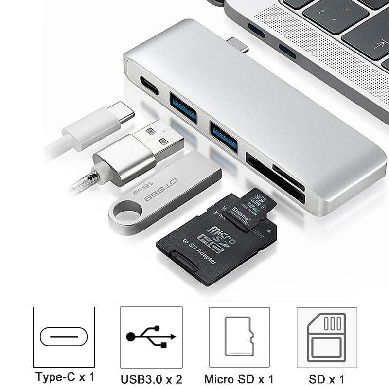 USB-C многопортовый Тип-C адаптер конвертер с 2 USB 3,0 Порты Мощность доставки зарядки SD/TF Card Reader для MacBook Тип usb C