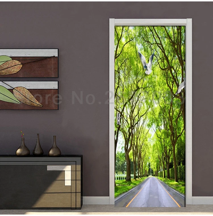 3D наклейка на дверь, самоклеящаяся, лес, голубь, парк, зеленая дорога, обои, плакат, дверь в гостиную, ПВХ, водостойкие настенные наклейки