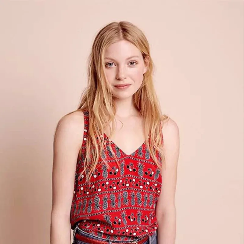 Women Red Pineapple Print Sweet Tank Tops Sleeveless Soft Viscose Summer Top