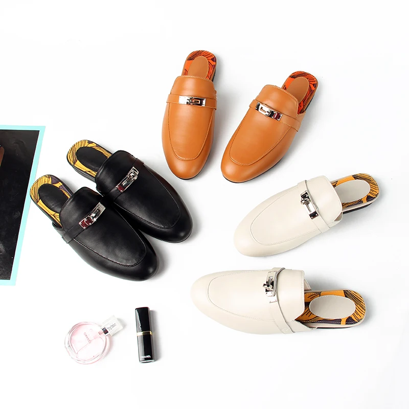 

Hanbaidi Chaussures Femme 2018 Genuine Leather Brown White Flats Women Spring Summer Slippers & Loafers Woman Shoes M Lock Mules
