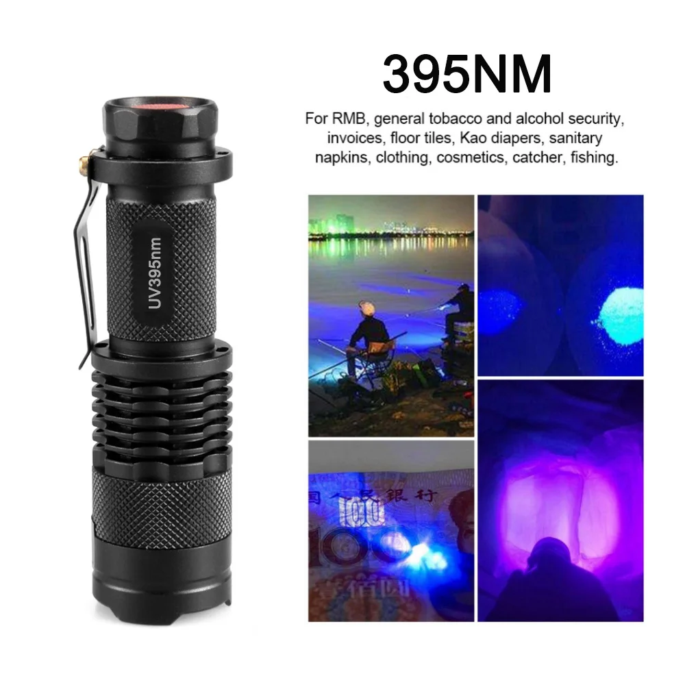 

395nm UV Flashlight Ultraviolet Light with Zoom Function Mini UV Light Pet Urine Stain Scorpion Detector Use AA / 14500 Battery