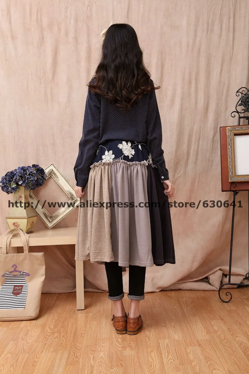 Японская винтажная шерстяная Лоскутная средней длины трапециевидная юбка для женщин плиссированная Saias осень зима 16806