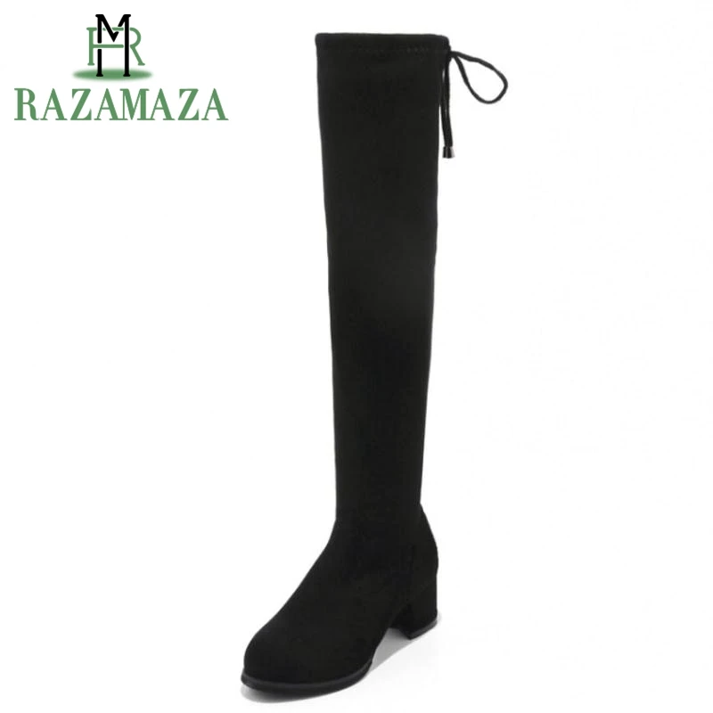 

RAZAMAZA Plus Size 30-52 Women Thick High Heel Winter Elastic Boots Women Back Strap Over Knee Long Botas Female Warm Footwear