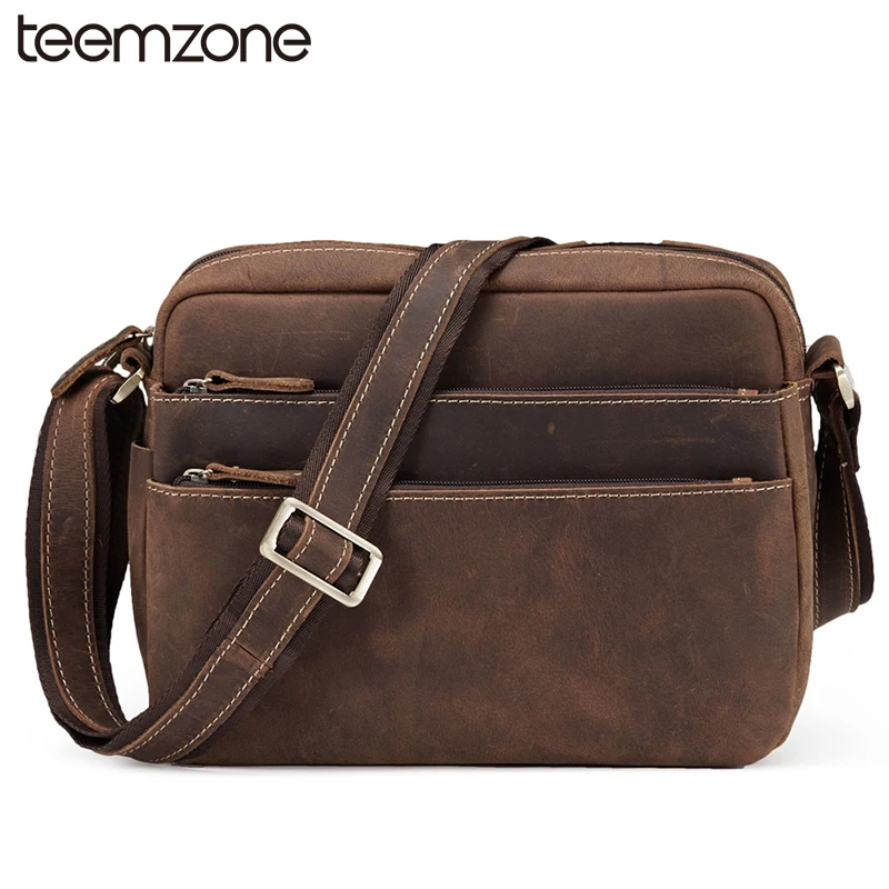 

teemzone Trend Vintage Crazy Horse Leather Messenger Shoulder 11" iPad Bag For Men Zipper Pocket Messenger Travel Bag T8920