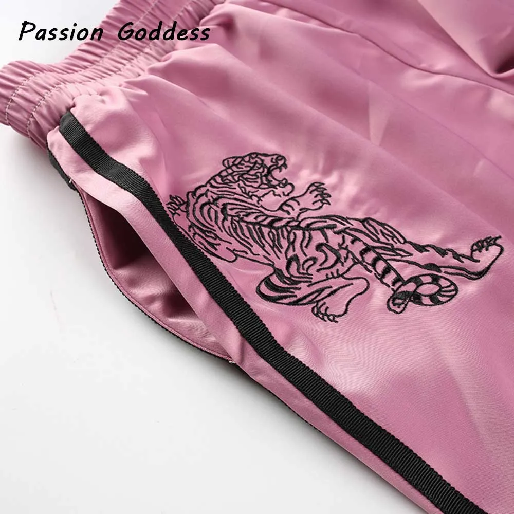Милые Женские повседневные розовые штаны с вышивкой в виде дракона, тигра, серебристые штаны с боковой полосой, спортивные штаны с высокой талией, мягкие шелковые шаровары, брюки-шаровары