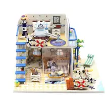 Собрать DIY Кукольный дом игрушка Голубой Coast деревянный Miniatura кукольные домики миниатюрный кукольный домик игрушки с мебелью подарок на день рождения