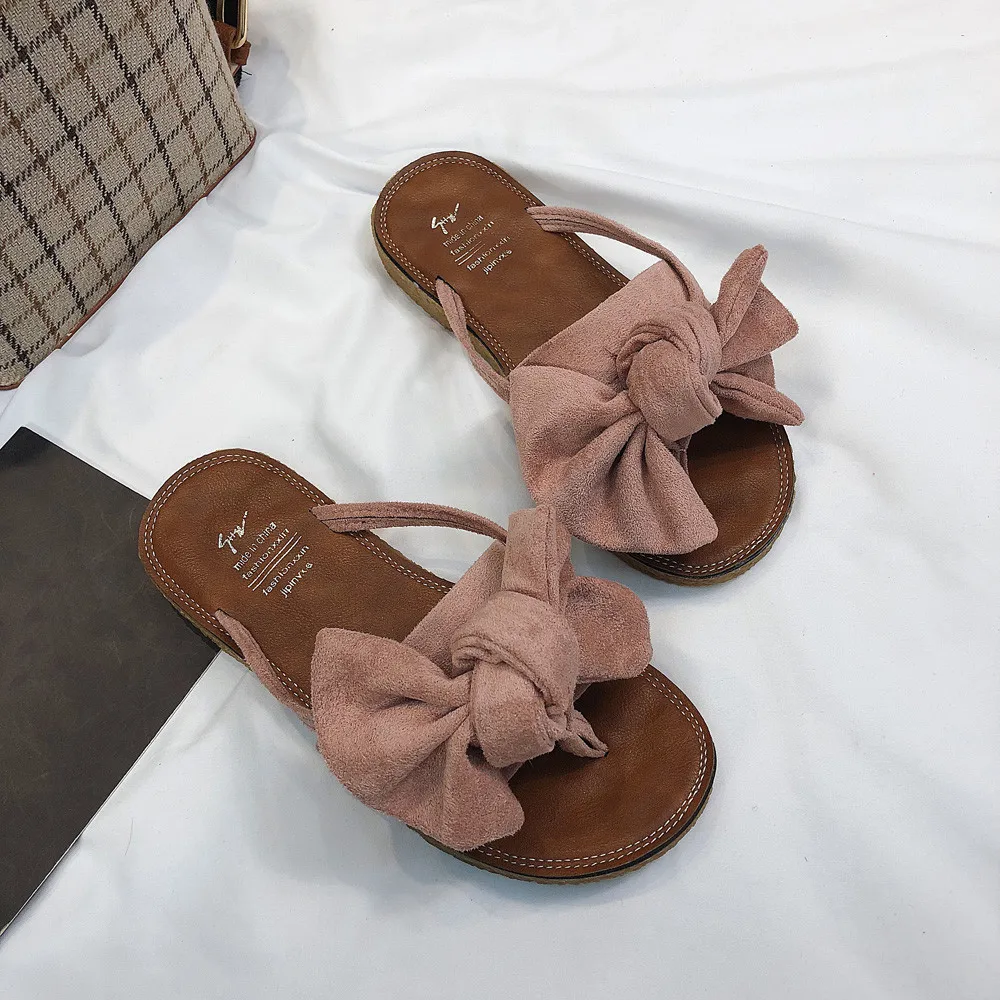 

Women Fashion Solid Color Bow Tie Flat Heel Sandals Slipper Peep Toe Home Slippers New Style Outdoor Party Beach Shoes 10
