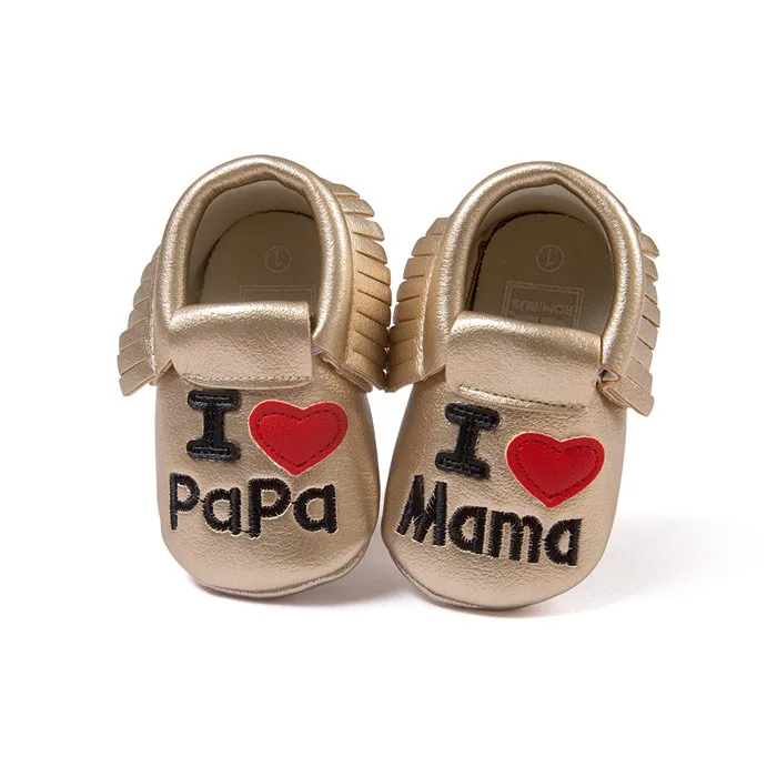 Золотой я люблю папу и маму кожаные детские мокасины для девочек и мальчиков обувь популярные моксы обувь Модные кисточки новорожденные дети обувь. CX120C - Цвет: see attached photo