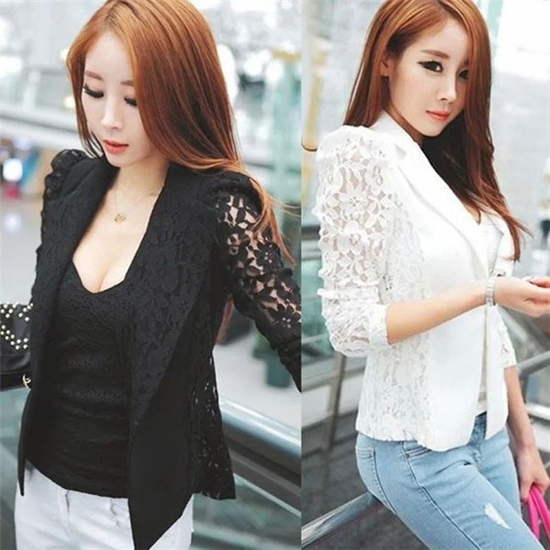 

Fashion Women Blazer 2018 Spring Autumn Sheer Lace Floral Patchwork Slim OL Formal Blazer Suits Coat Jacket plus size