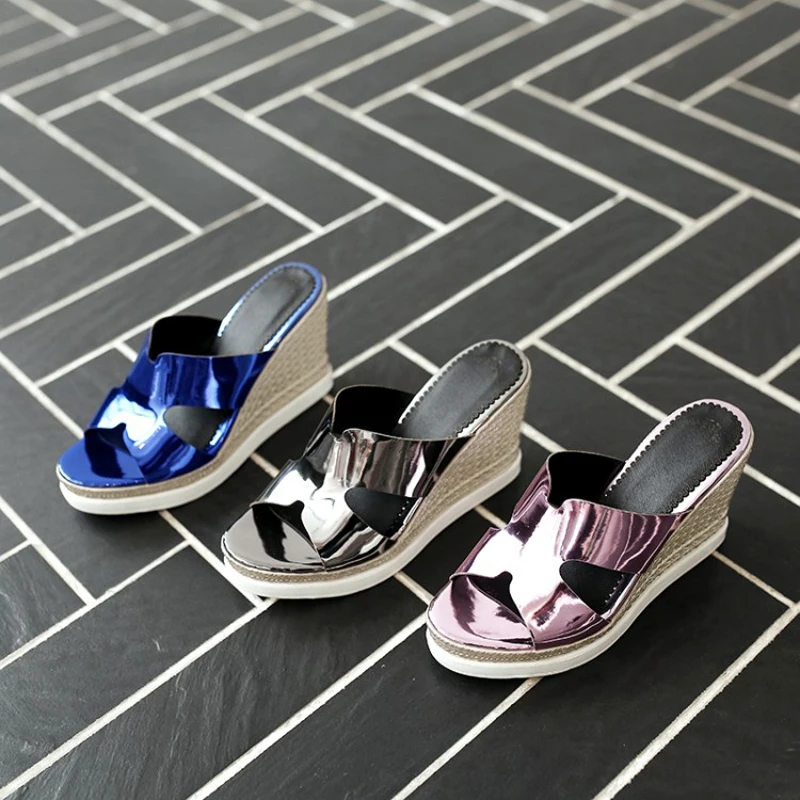 Big Size 33-43 Summer Woman Shoes Platform Metallic Leather Pink Slides Wedge Beach High Heel Slippers For Women Blue Lady Shoes (16)