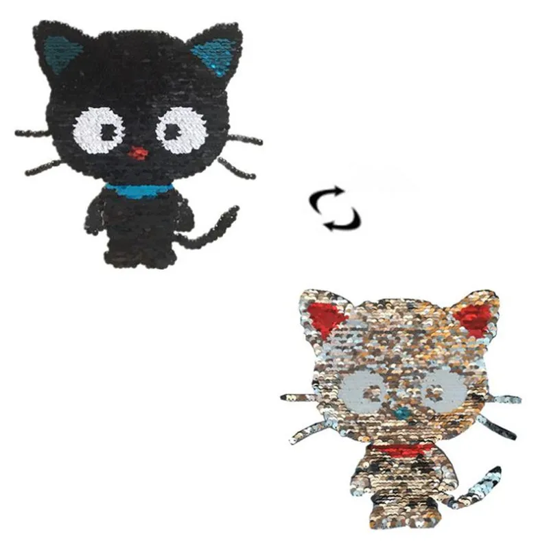 

ShinEquin Lovely Cat flip the double sided Patches for clothing Diy Reversible change color sequins Patch T-shirt Stickers
