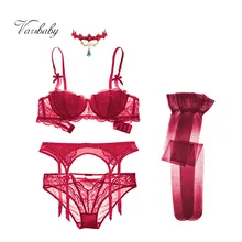 Varsbaby, сексуальный кружевной комплект с бюстгальтером на половину чашки, Рождественский бюстгальтер+ трусики+ подвязка+ чулки+ ожерелье, 4 шт