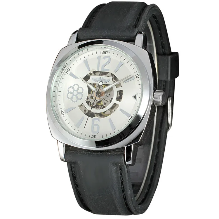 

WINNER Fancy Flower Printing Watch Simple Hollow Gear Design Silver Plated Dial Casual Unisex Mechanical Automatic