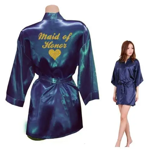 Bridesmaid Robes Bridesmaid Heart Golden Glitter Print Faux Silk Kimono Robes Wedding Gift Bride Team Bachelorette Lov - Цвет: navy Maid of Honor