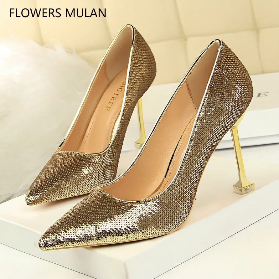 

Luxury Patent Sequins Leather Upper Elegant Lady Party High Heels Shoes Pointed Toe Shallow Slip On Nude Shoes Girl Event Pumps
