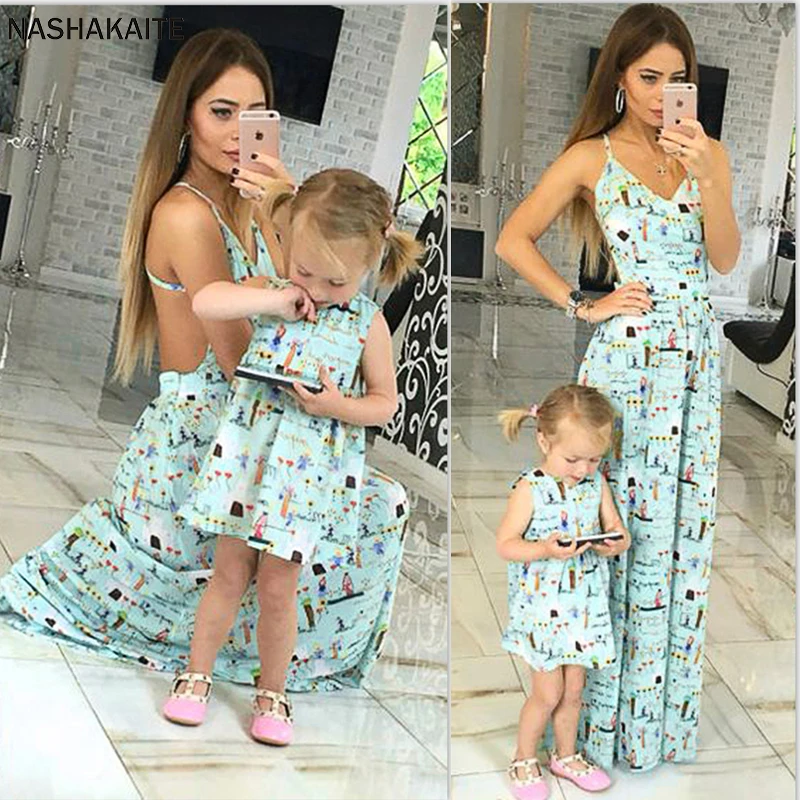

NASHAKAITE Mommy and me clothes Sleeveless Sweet Cute Spaghetti Strap Long Dress Mother daughter dresses Vestido mae e filha