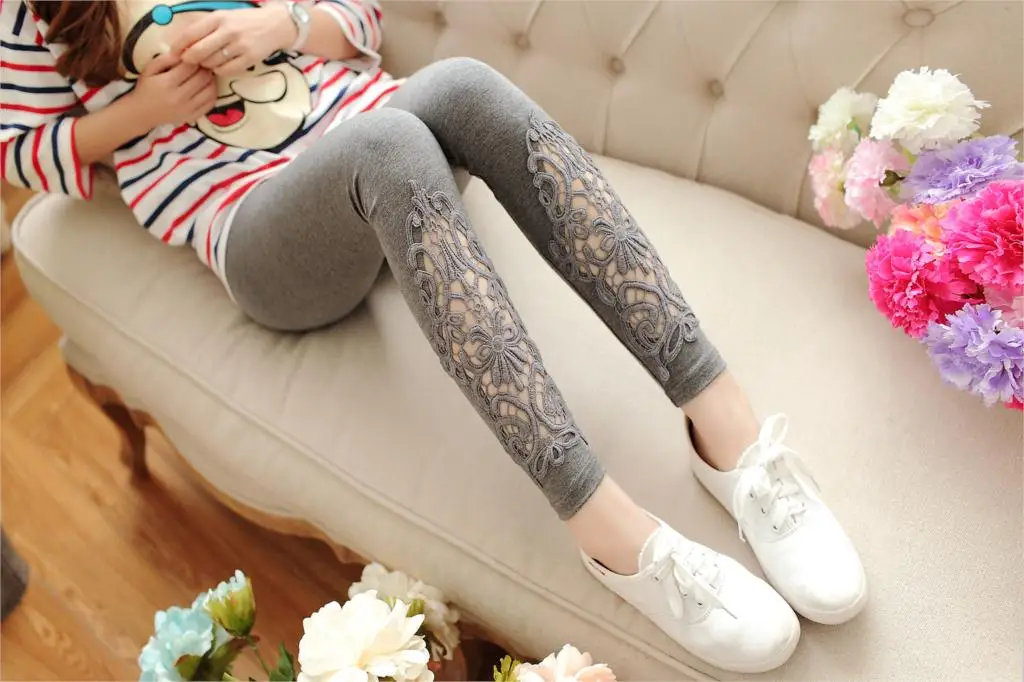 YSDNCHI Summer Casual Leggings Women Knitted Legging Hollow Out Lace Diamond Fitness Leggings Black Pants tights for women