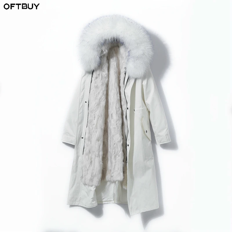 Oftbuy 2018 длинные белые парка натуральный мех пальто зимняя куртка Для женщин енота