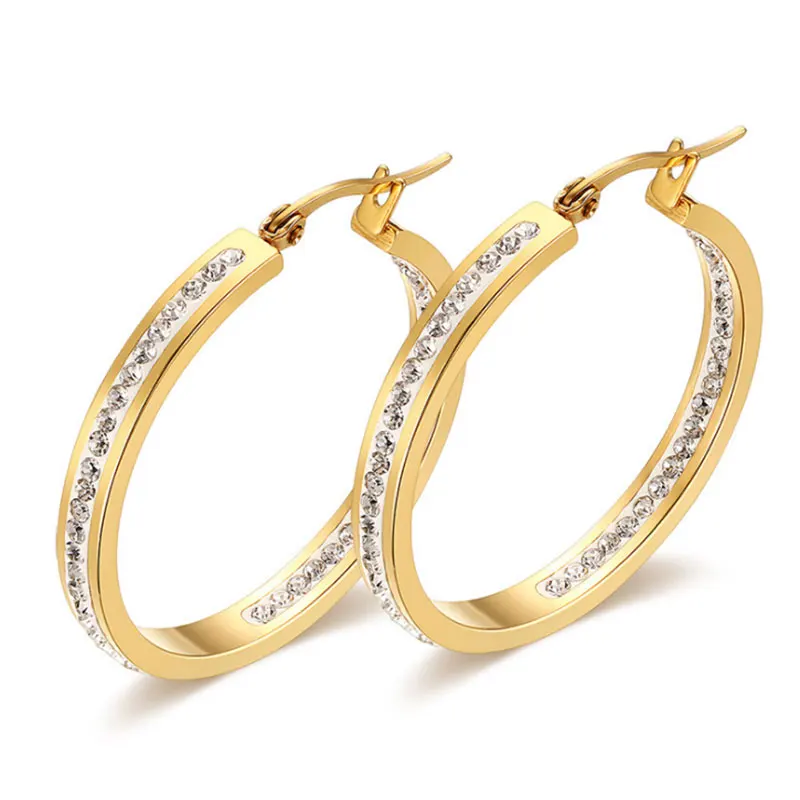 

CZ 316L Stainless Steel Hoop Earrings Stunning Round Crystal Earrings Gold Color Ear Wire Loop Earrings 2017 New Arrival