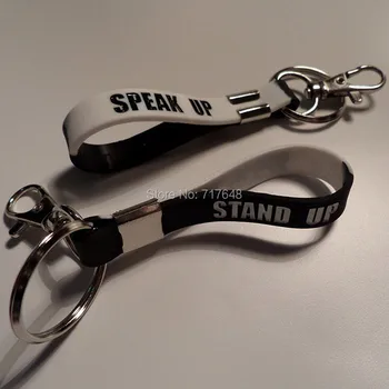 

300pcs Keyring Stand Up Speak Up Black and White Keychain wristband silicone bracelets free shipping by FEDEX A