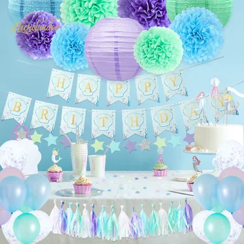 

NICROLANDEE Purple Blue Green Happy Birthday Mermaid 54Pcs/Set Paper Flower PomPom Balloons Tassel Party Decoration DIY Decor