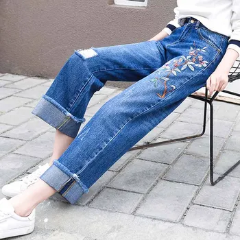 

Embroidered Jeans Woman Ripped Boyfriend Jeans For Women Mom Distressed Patchwork Baggy Jeans Elastic Denim Pants