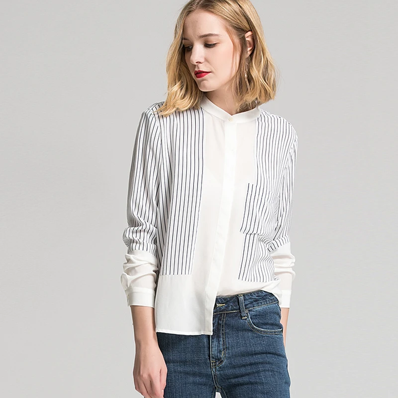 100% Silk Blouse Women Shirt Simple Design Striped Patch Long Sleeves Office Work Top Graceful Style New Fashion 2017 Autumn 100% Silk Blouse Women Shirt Simple Design Striped Patch Long Sleeves Office Work Top Graceful Style New Fashion 2017 Autumn