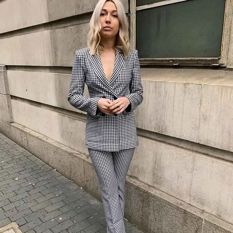 Women blazers and jackets plaid blazer pockets notched collar long sleeve coat female outerwear casual tops Female Casual Coats