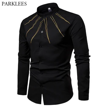 

Mens Black Mandarin Collar Dress Shirts 2019 Fashion Embroidery Long Sleeve Shirt Men Business Casual Social Shirt Chemise Homme
