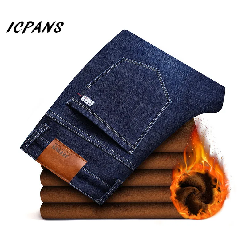 

ICPANS Winter Denim Jeans Men Pants Warm Fleece Thicken Mens Clothes Denim Jeans For Male Black Blue Plus Size 40 42 44 46