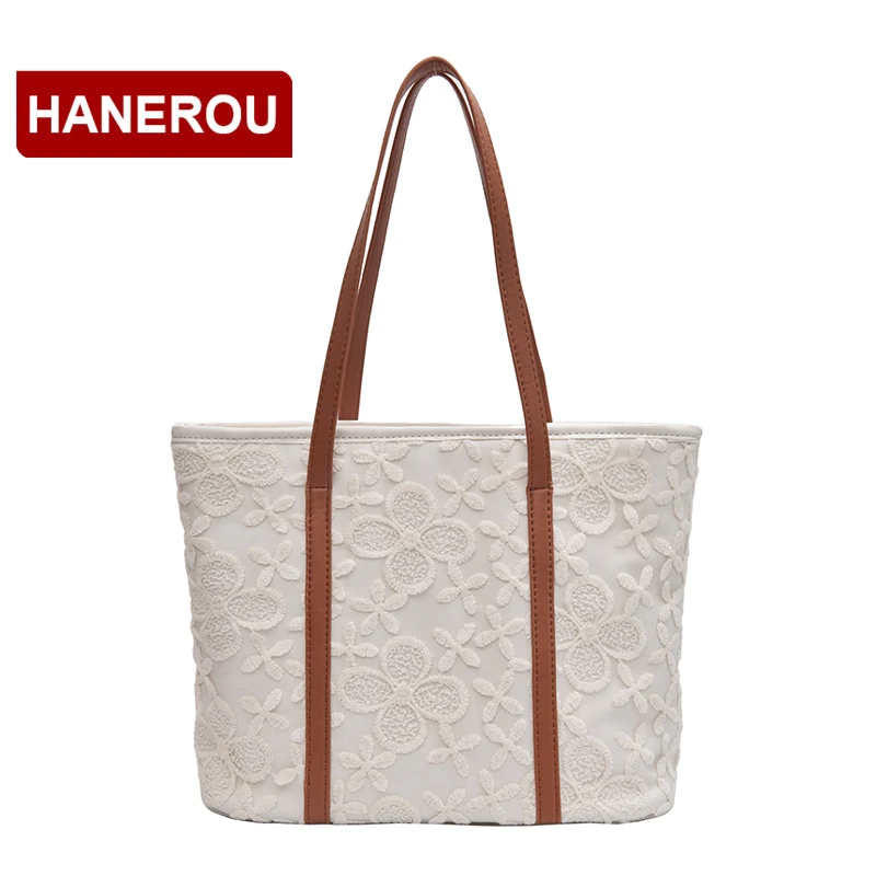 

HANEROU Contrast Color Women Lace Flower Handbag Large Capacity Shoulder Bags Soft Leather Handbags For Women 2019 Big Tote Bag