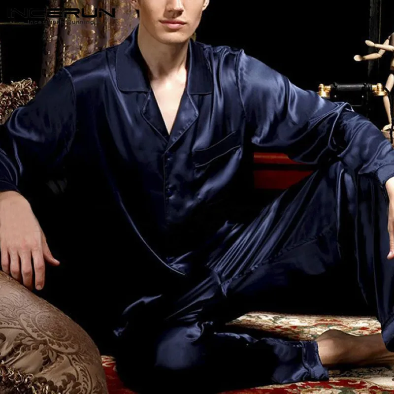 INCERUN Шелковый Атласный мужской пижамный комплект с длинными рукавами, штаны, домашний костюм, 2 предмета, мягкая ночная рубашка, мужской пижамный комплект 7