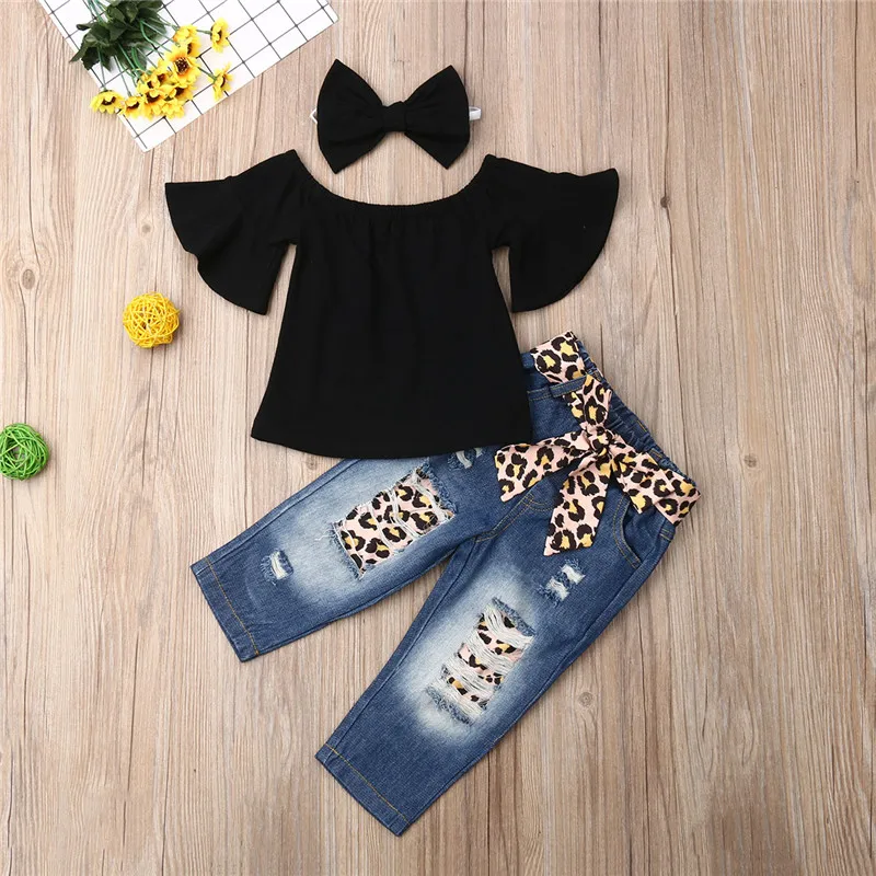 

3PCS Outfits Toddler Girl Clothes Set Kids Baby Girl Crop Tops T-Shirt+Bandage Pants with Headband Summer Clothing
