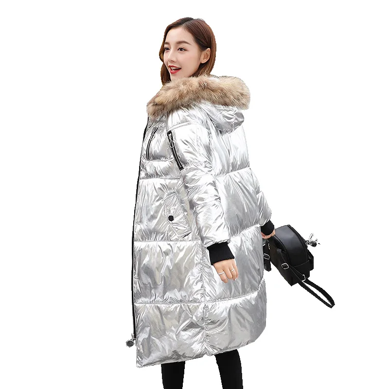 

2019 Women Winter Jacket Fashion Warm Coat Silver Metal Color Slim Fur Hooded Fur Collar Down Cotton Thick Long Girl Parkas Coat