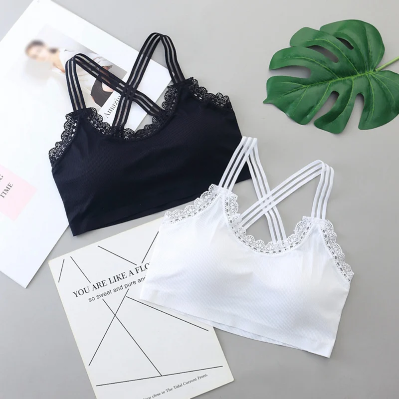 

Women Lace Cropped Padded Bra Straps Chest Pad Tube Tops Lace Stitching Tank Top