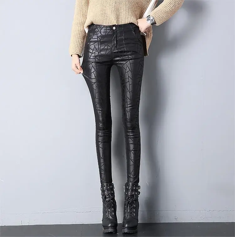 Зимние женские облегающие брюки из искусственной кожи с принтом, женские Стрейчевые брюки-карандаш из искусственной кожи, женские брюки из плотного бархата с высокой талией V243