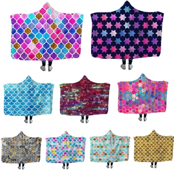 

2019 Fashion Warm Soft Mermaid Fish Scale Hoodie Blanket Colorful Geometry Sofa Bedding Plush Fleece Hooded Blanket With Hat
