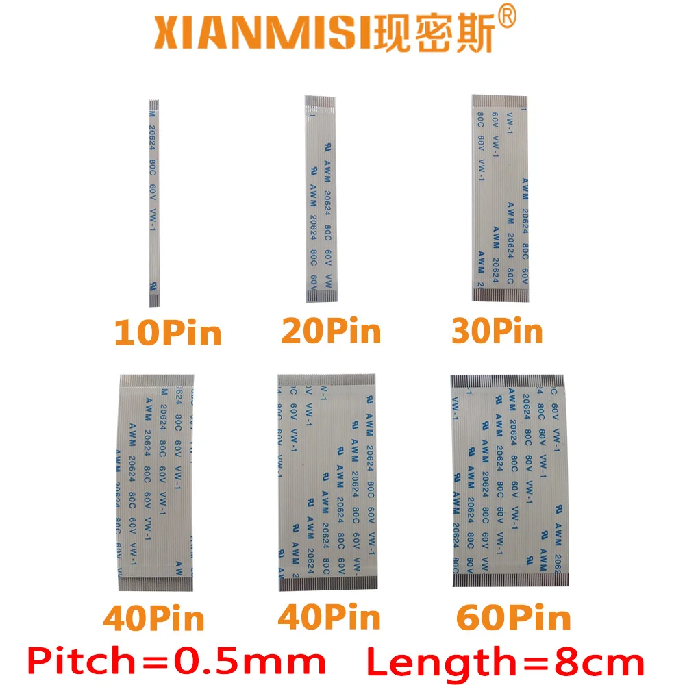 

FFC/FPC Flat Flex Cable 10Pin 20Pin 30Pin 40Pin 50Pin 60Pin Same Side 0.5mm Pitch AWM VW-1 20624 20798 80C 60V Length 8cm 5PCS