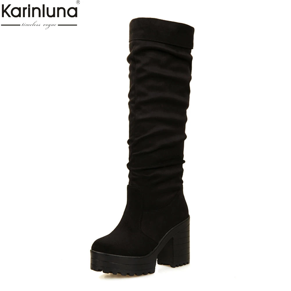 

KARINLUNA new arrivals dropship big size 32-43 square high heels boots fashion platform winter plush knee-high boots woman shoes