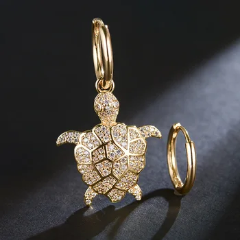 

Top Quality Dual Used Asymmetry Gold Sea Turtle Earrings Micro Mosaic AAA+ CZ Crystals Fashion Dangle Earrings For Women
