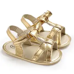 Новорожденных Симпатичные Золотой Сандалии для девочек принцесса Обувь девушка Обувь для младенцев бантом Нескользящие мягкие Размеры 0-18