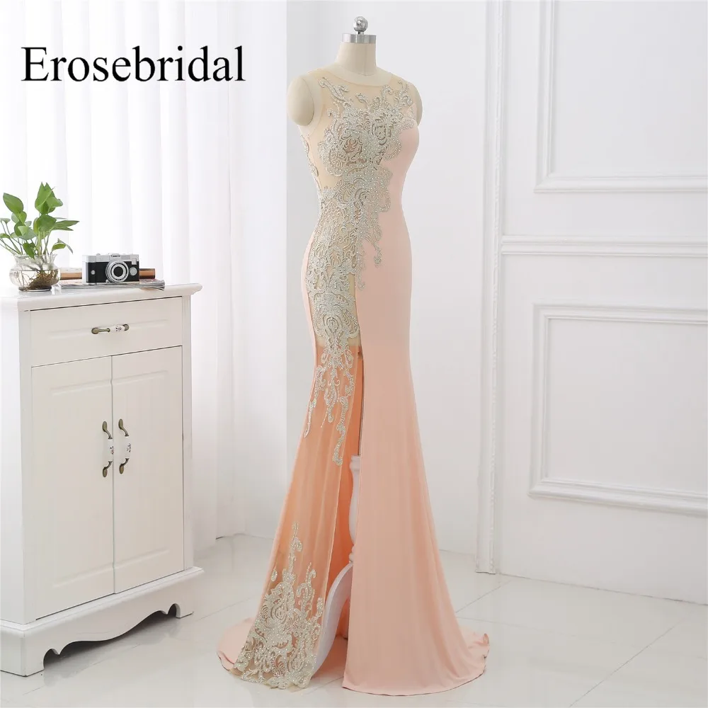 Erosebridal, сексуальное, иллюзионное, боковое, Русалка, платье для выпускного вечера, длинное,, Новые Вечерние платья с коротким шлейфом, уникальный кружевной дизайн, разрез спереди