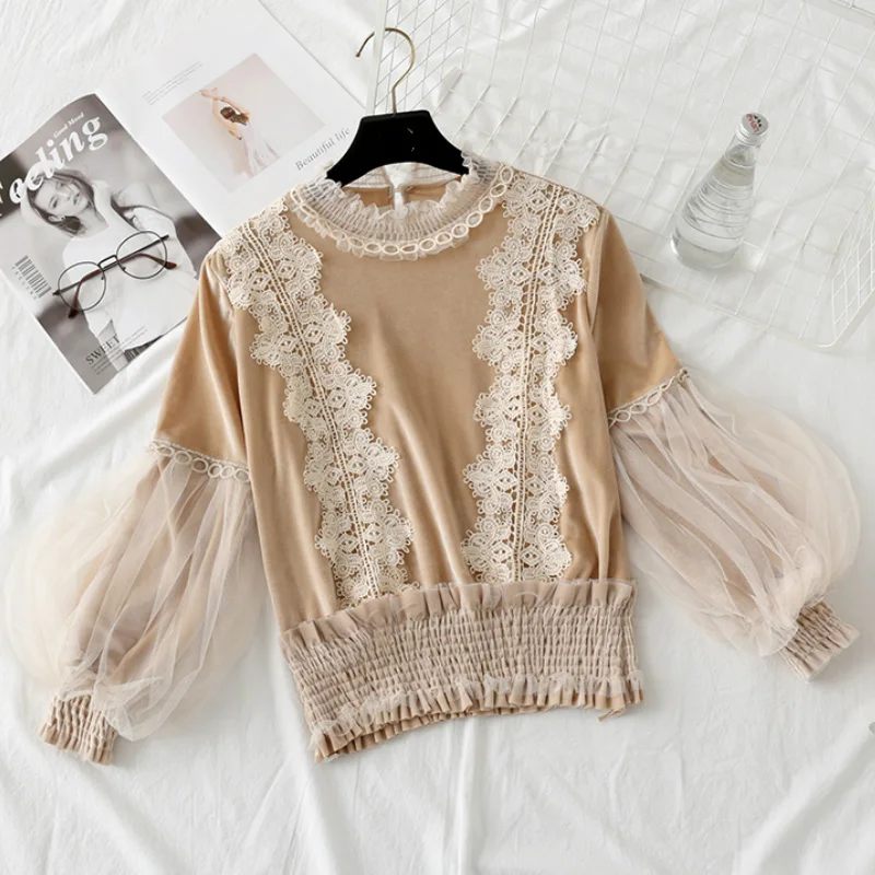 Autumn Ladies Velvet Lace Splice Blouse Female Pullover Yarn Lantern Sleeves Suits Women Mesh Long Puff Sleeved Shirt |