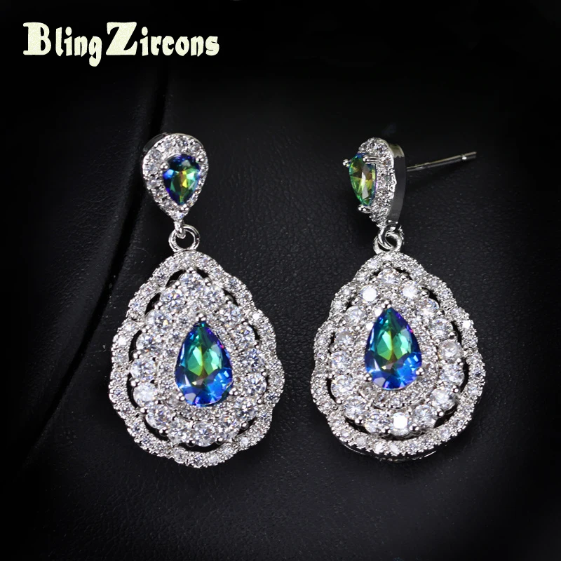 

BeaQueen Charming Light Blue Rainbow Mystic Crystal Statement Earrings CZ 925 Sterling Silver Ear Jewelry for Ladies E071