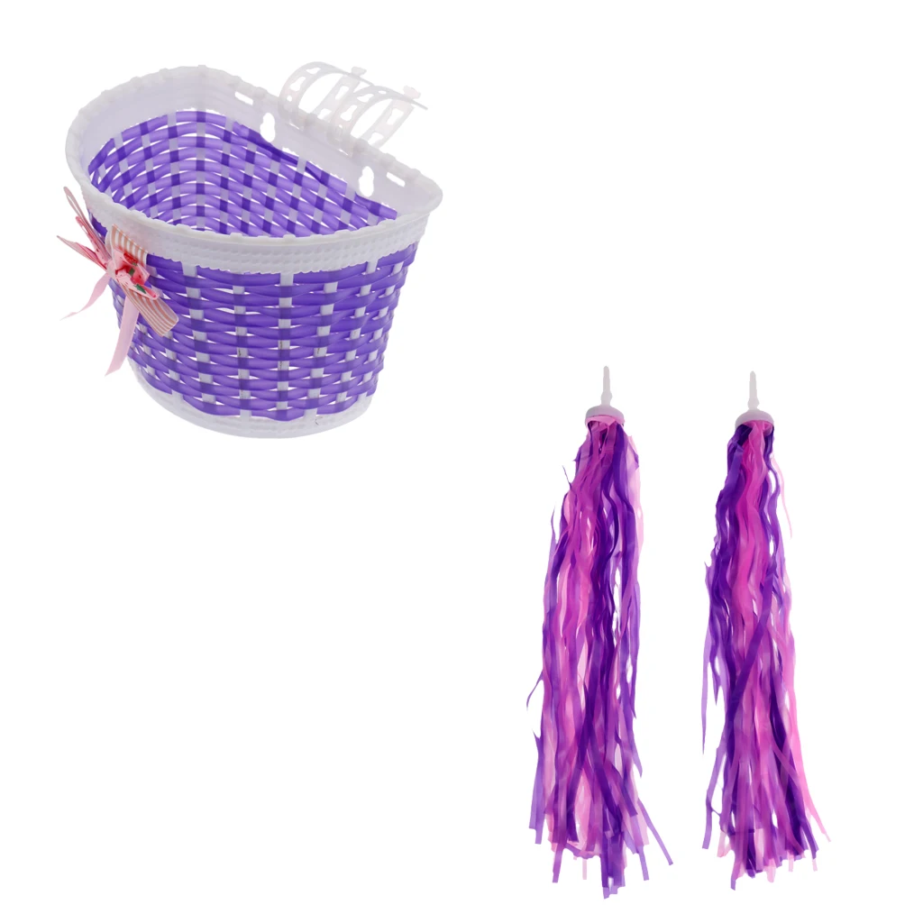 Girls Bike Front Basket Children Bowknot Shopping Holder Case + Bike Scooter Streamers Purple  Bicycle Basket Kids 
