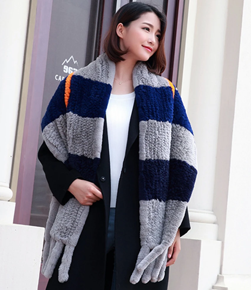 

YCFUR 195 cm Fashion Women Scarves Shawls Winter Warm Knit Real Rex Rabbit Fur Wide Scarf For Women Long Scarves Wraps Ladies