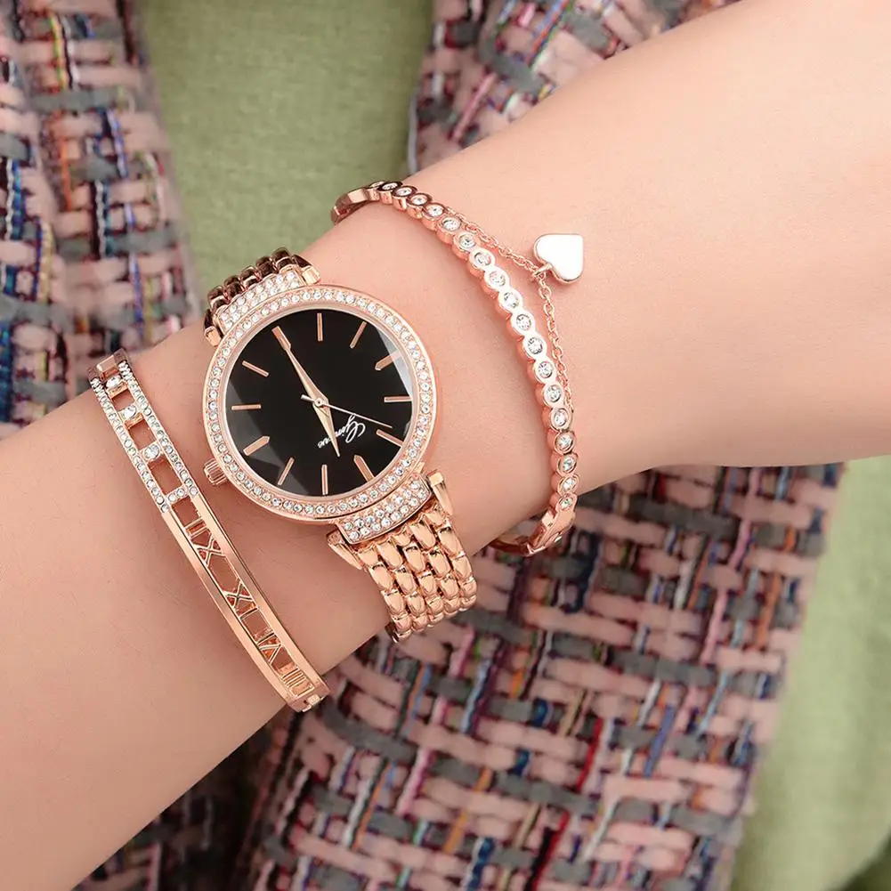 

3Pcs/Set Round Dial Alloy Liked Strap Analog Quartz Wrist Watch Bracelet Bangle