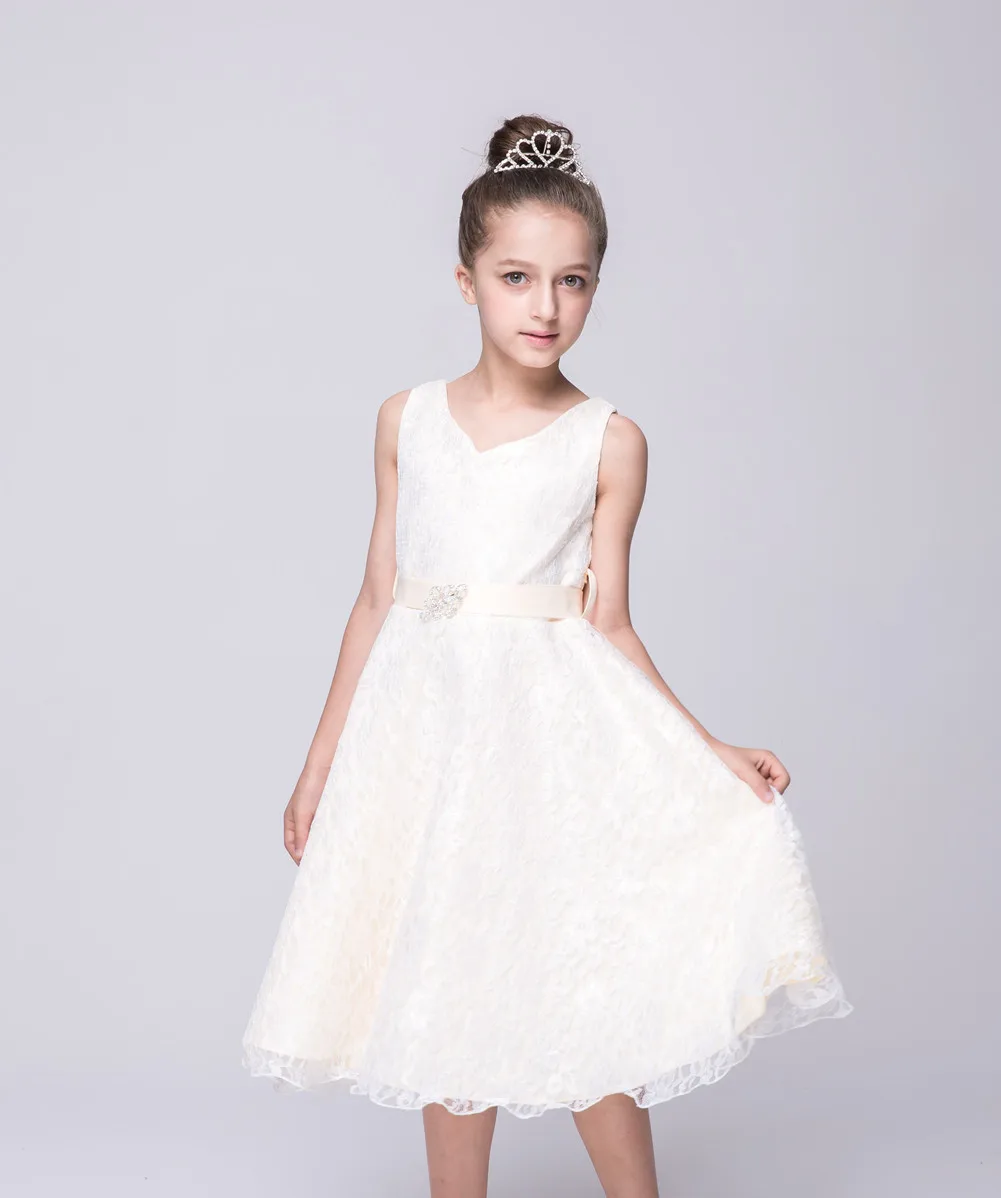 Estilo de Flor Vestidos com Strass Casamento da Dama Novo Meninas Vestidos Crianças Rendas Faixa Festa Honra Roupas 19 rendas vestidos com strass faixa crianças festa