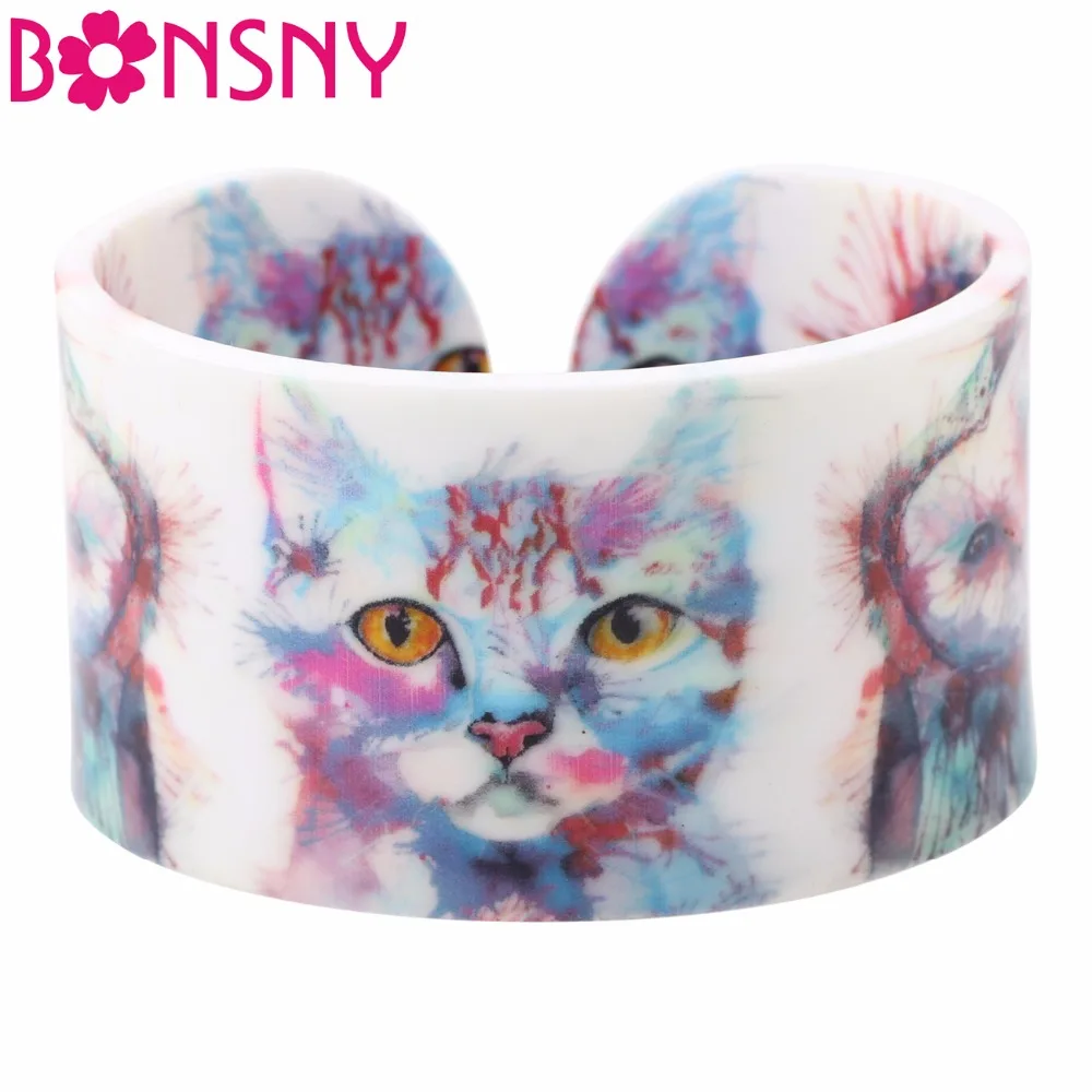 

Bonsny Acrylic Design Cat Pattern Love Wide Bangles Bracelet Jewelry For Women 2017 New Animal Bangle Jewelry Gift For Girls